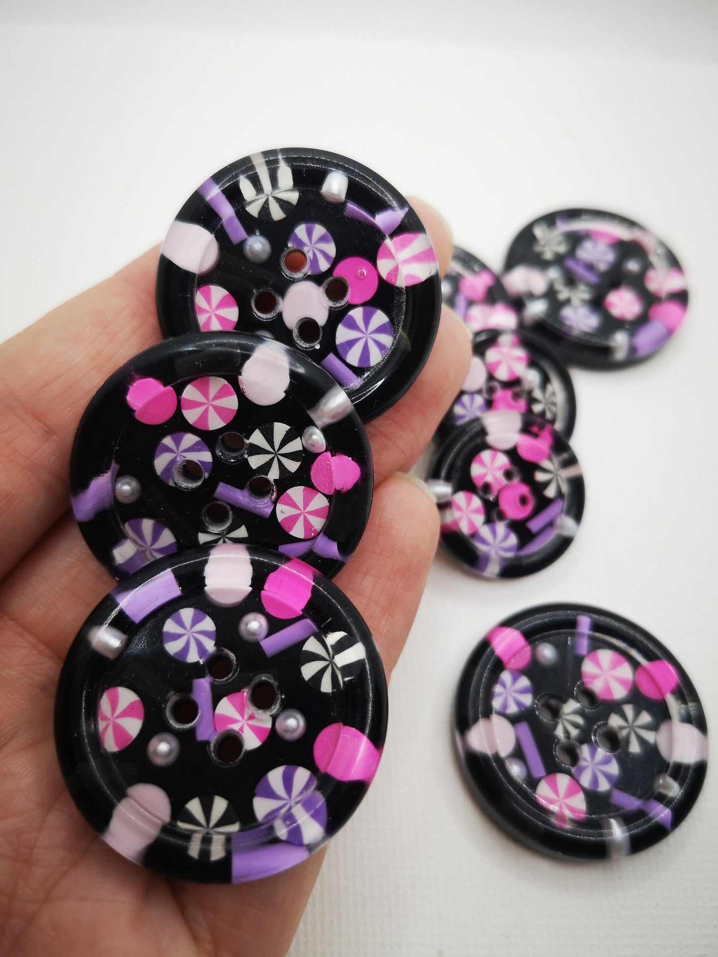The Sweets of London Button – Liquorice Black Resin with Candy Sprinkles and Swirls