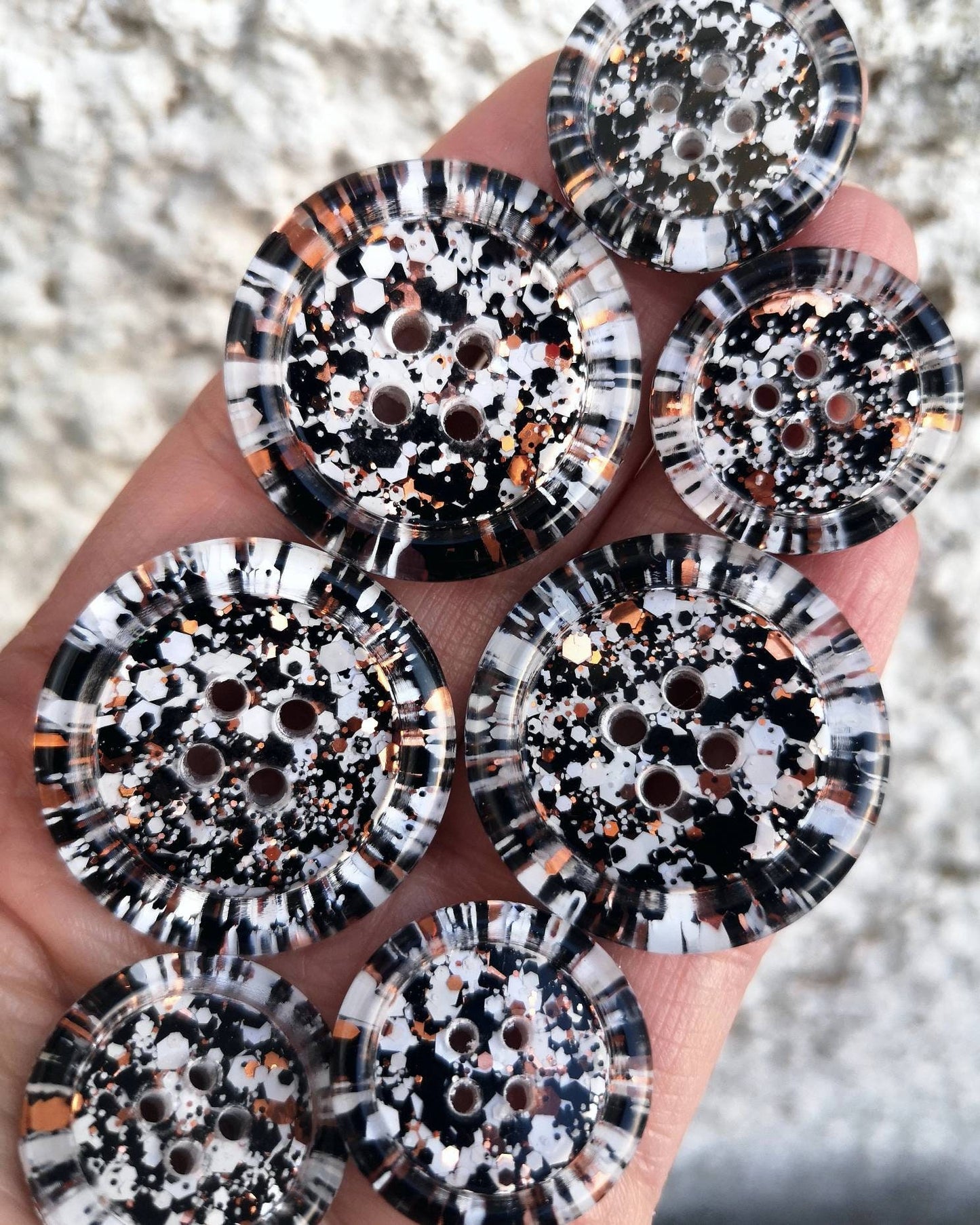The Magpie - monochrome glitter buttons with copper metallic sparkle