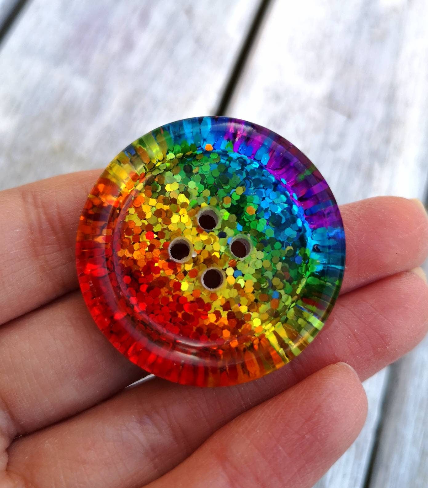 Classic Rainbow Stripe Button – Bright Chunky Resin Button Packed with Sparkle