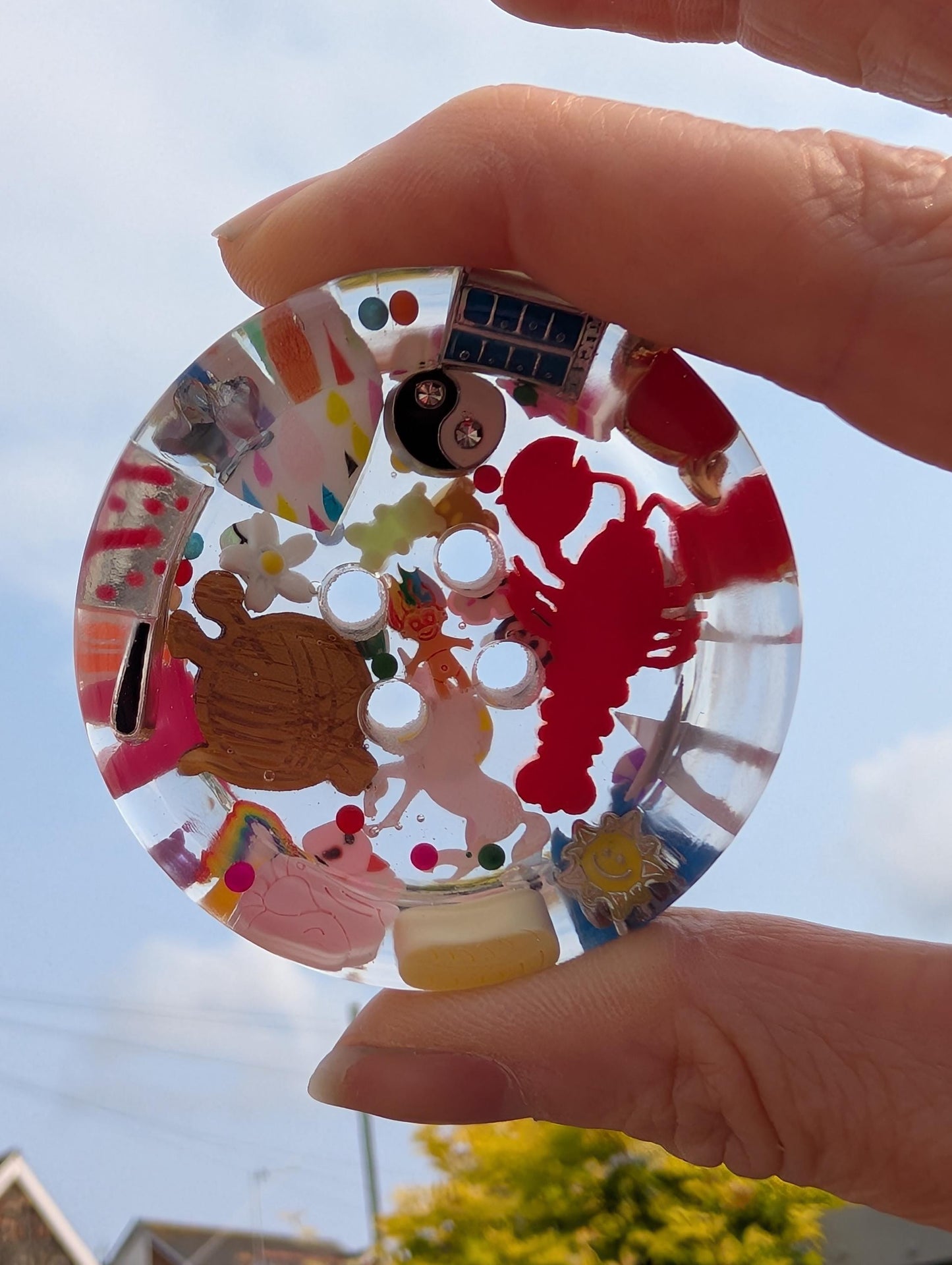 The Eye Spy Button - Giant Resin Art Button 50mm - Toy Collage diorama - Funky Fidget Toy - Weird & Wonderful Gift for knitters crocheters