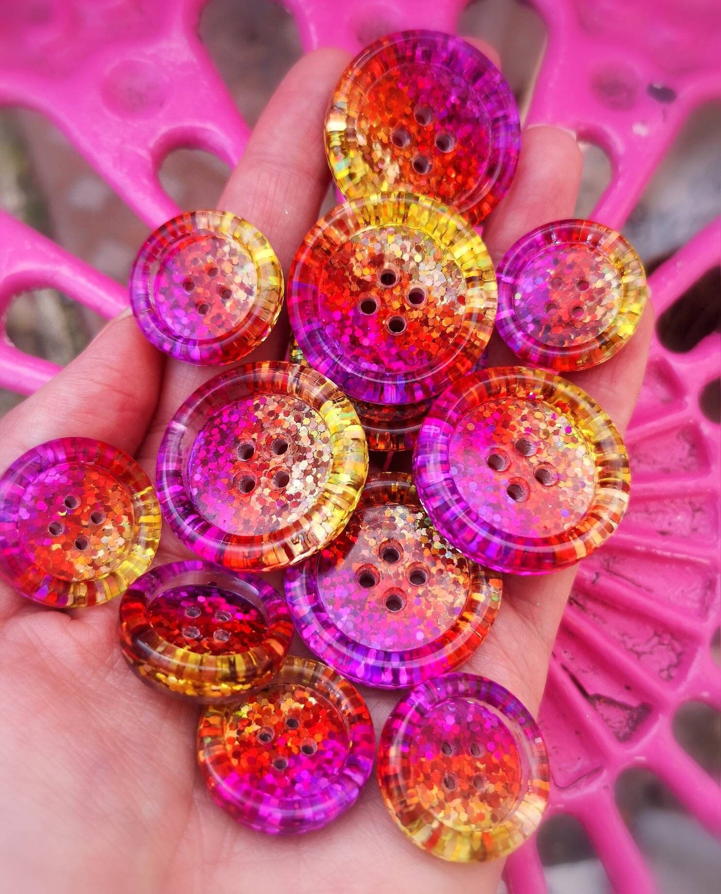 Malibu Sunset dazzler buttons - purple - pink - orange - gold - yellow - glitter. Club Tropicana-tastic!