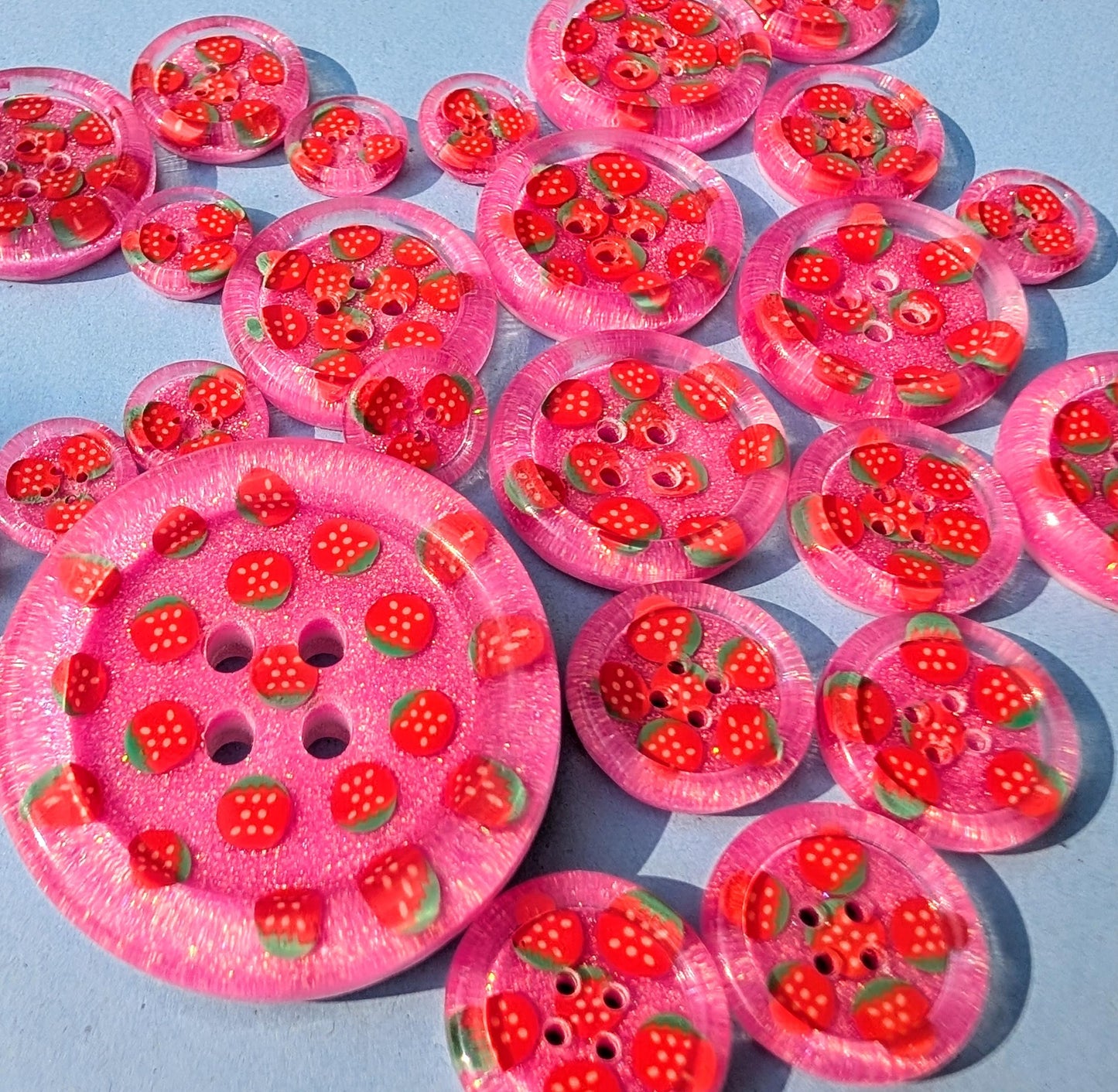 The Berry Cute Button – Strawberry Resin Button with Bubblegum Pink Glitter Sparkle