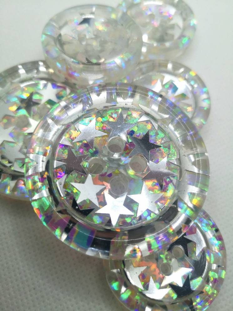 The Space Up Your Life button – Cosmic Silver Star Resin Button with Iridescent Glitter
