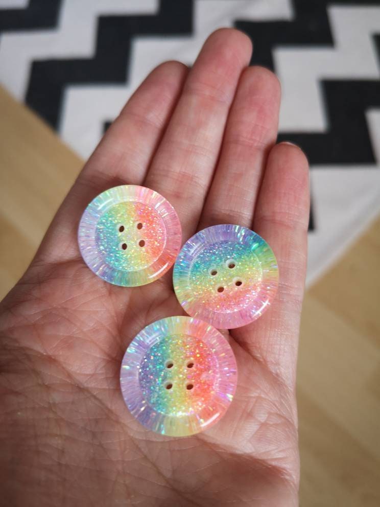 Iridescent Pastel Rainbow Button – Chunky Resin Button with Soft Sparkle Stripes
