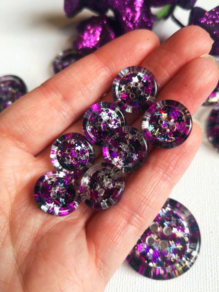 The Midnight Sass Button – Holographic Star Glitter Resin Button in Silver, Black and Purple