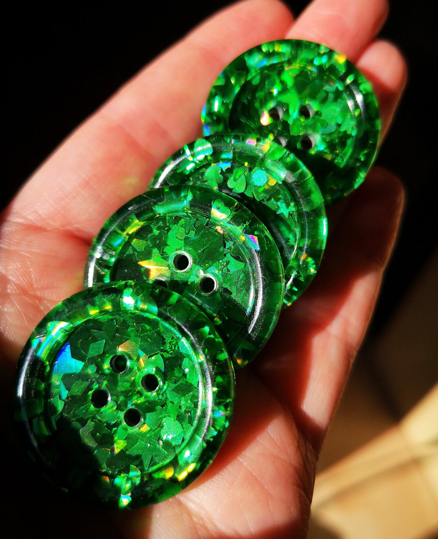 The Green-eyed Monster button - Colour shifting emerald green holographic iridescent glitter