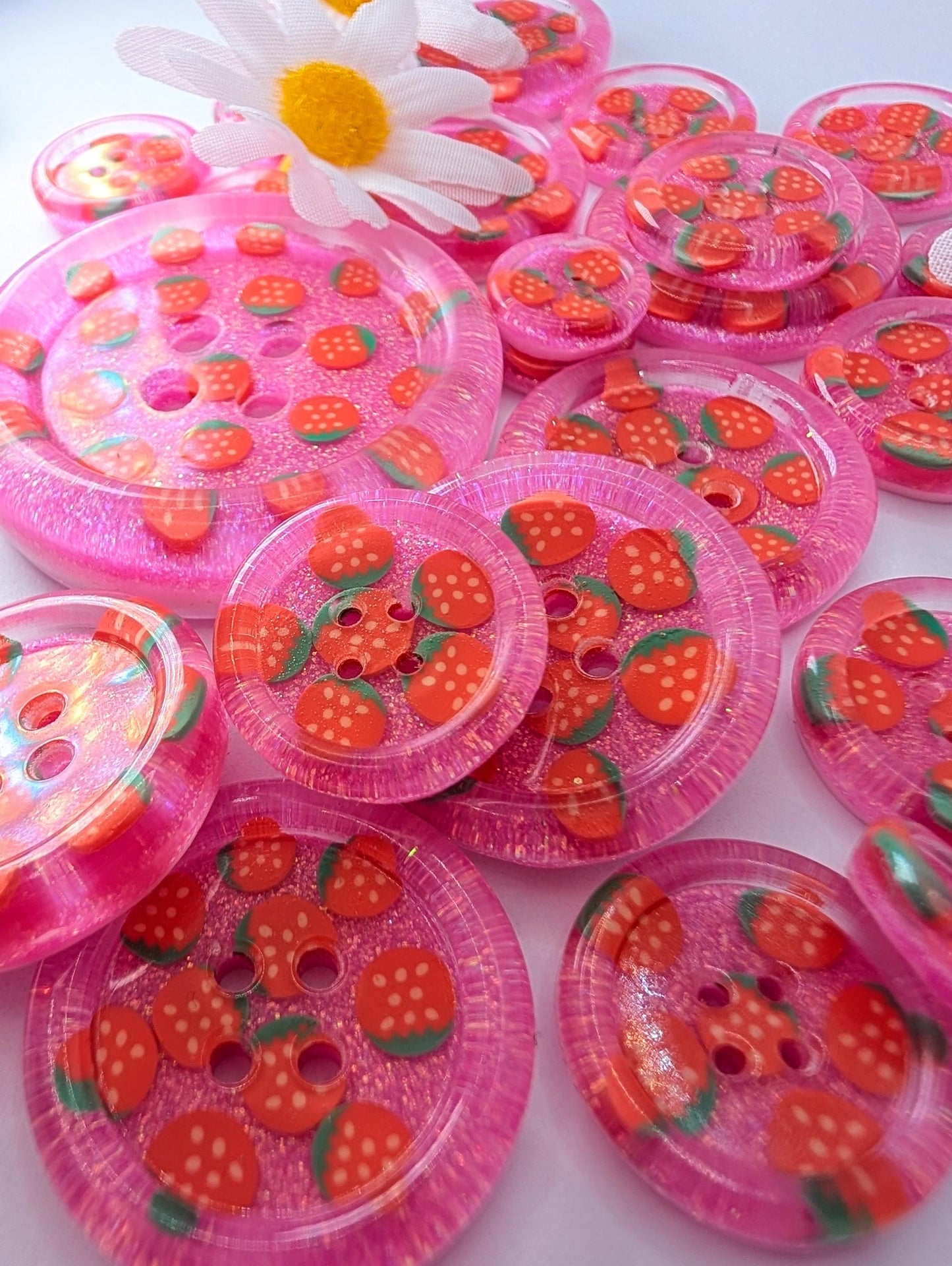 The Berry Cute Button – Strawberry Resin Button with Bubblegum Pink Glitter Sparkle