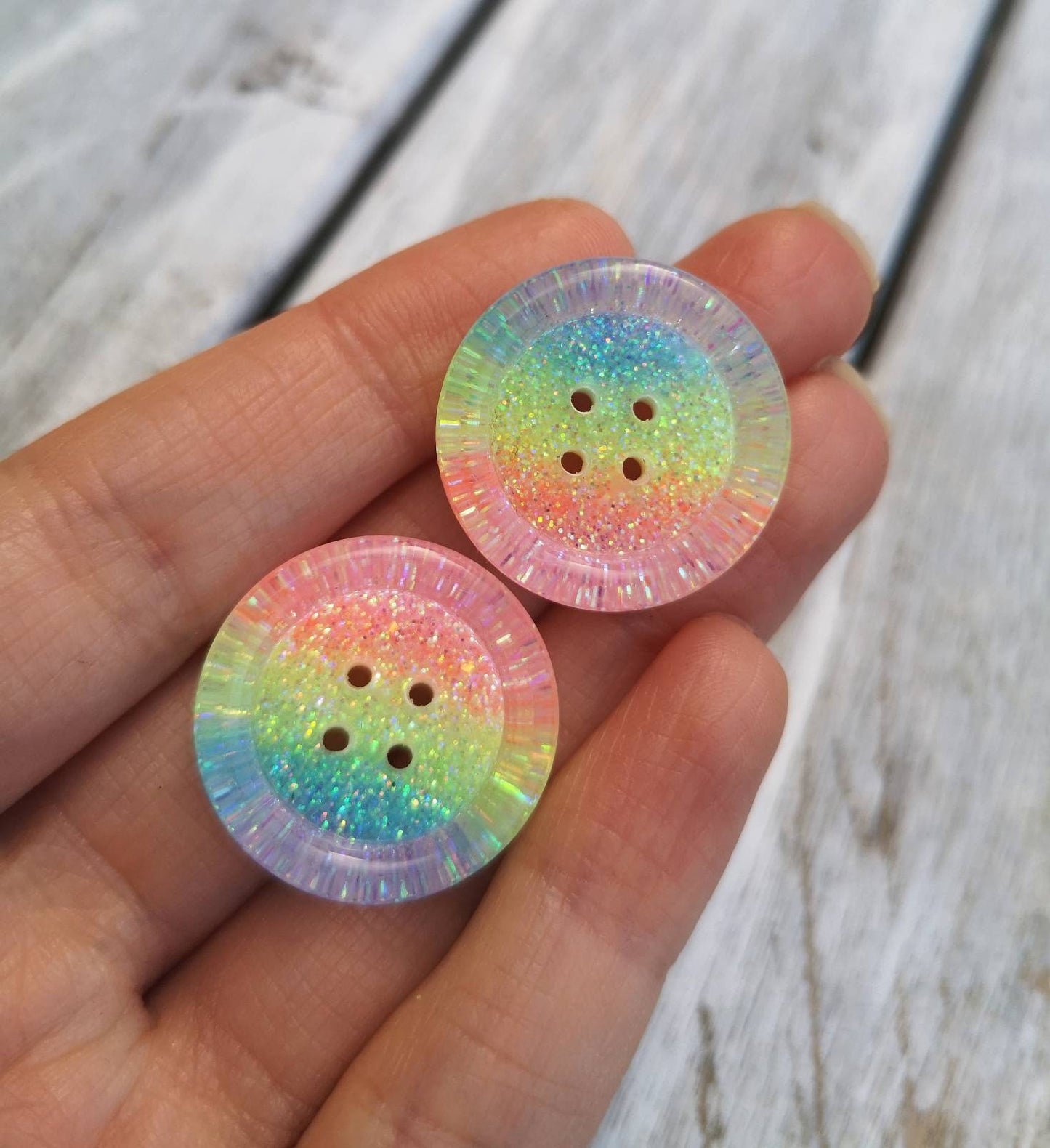 Iridescent Pastel Rainbow Button – Chunky Resin Button with Soft Sparkle Stripes