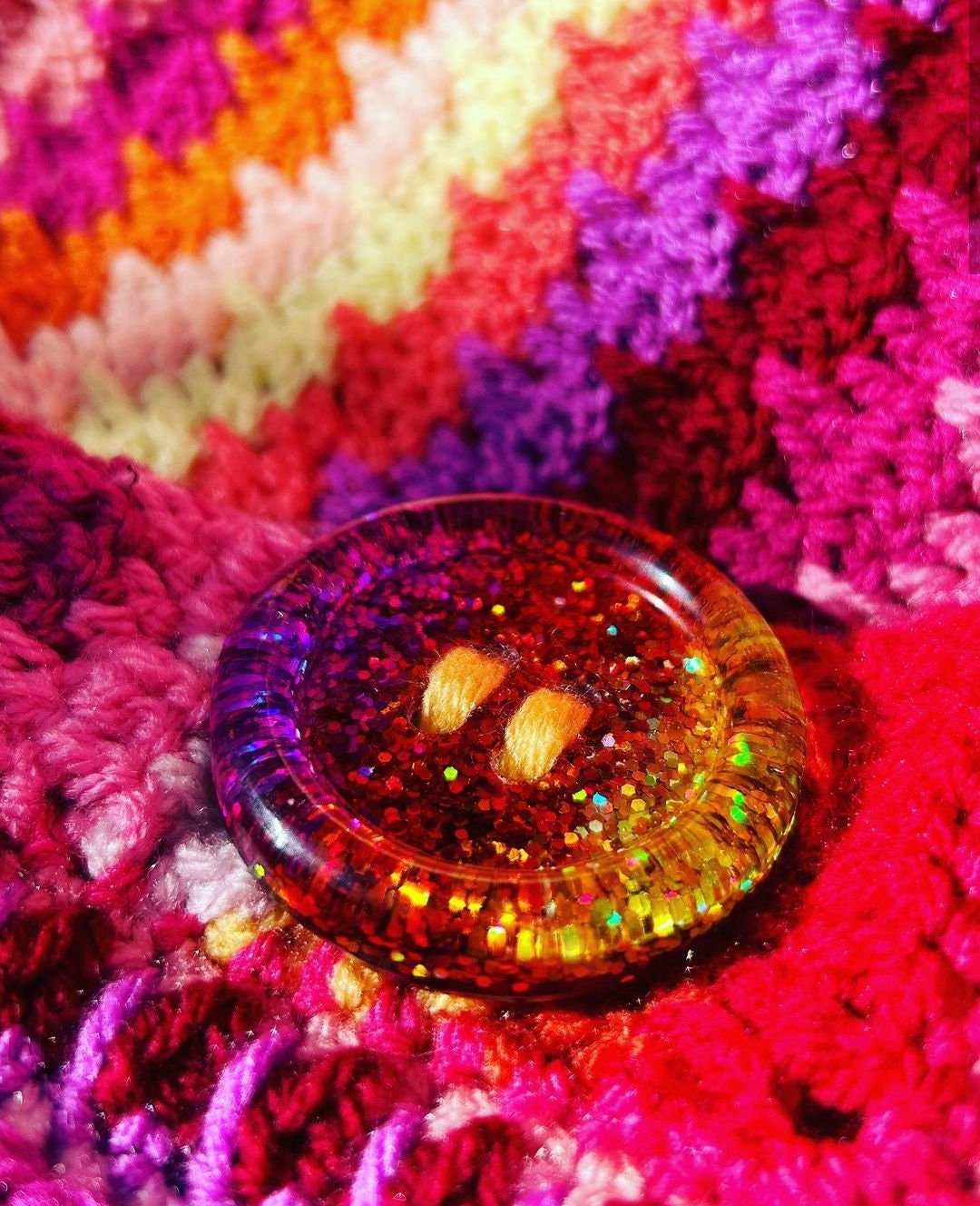 Malibu Sunset dazzler buttons - purple - pink - orange - gold - yellow - glitter. Club Tropicana-tastic!