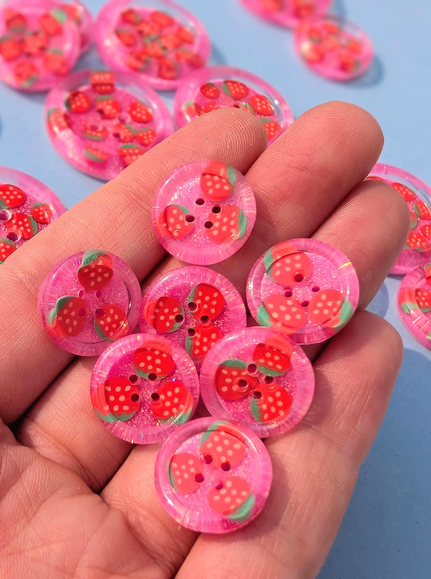 The Berry Cute Button – Strawberry Resin Button with Bubblegum Pink Glitter Sparkle