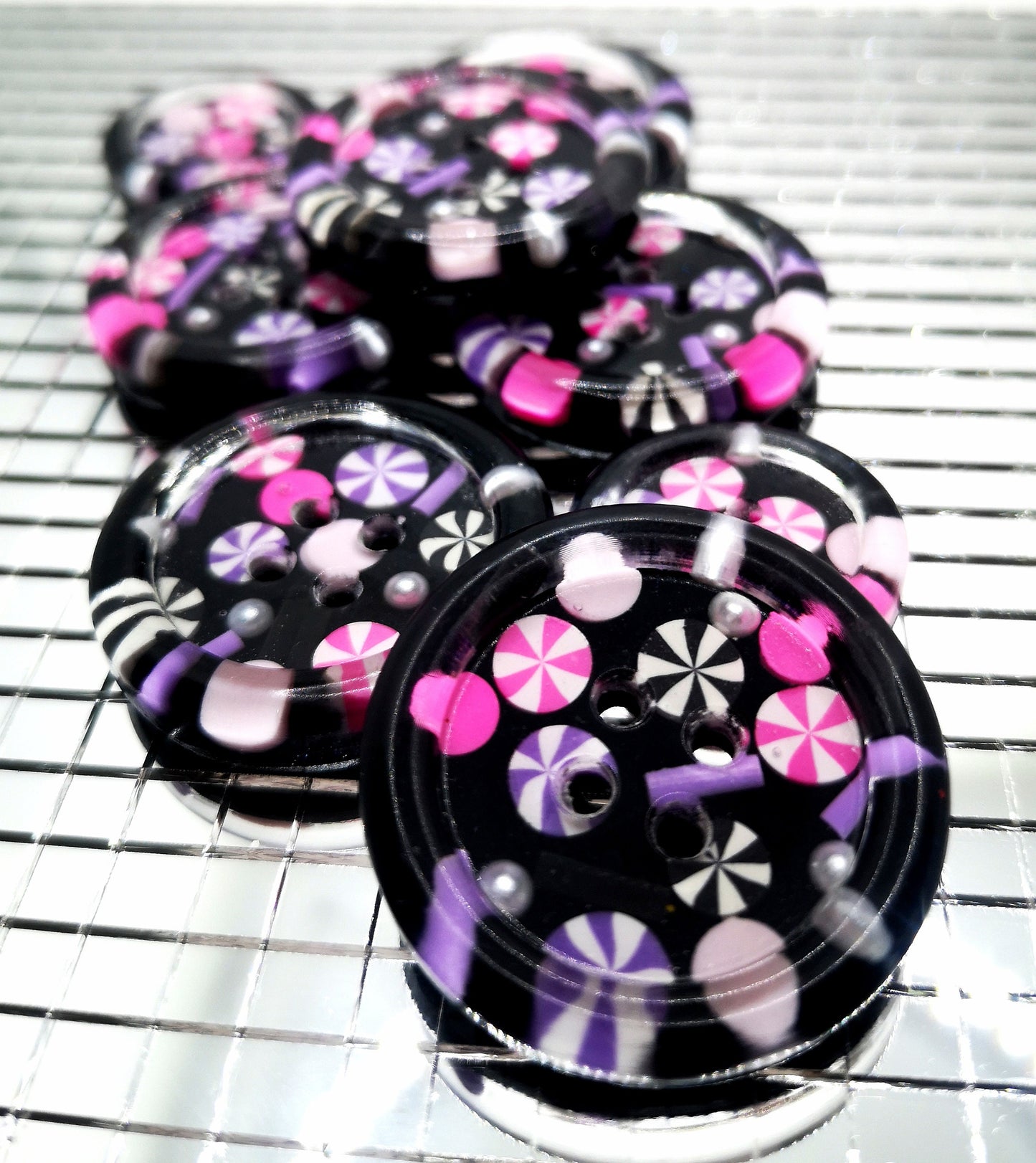The Sweets of London Button – Liquorice Black Resin with Candy Sprinkles and Swirls