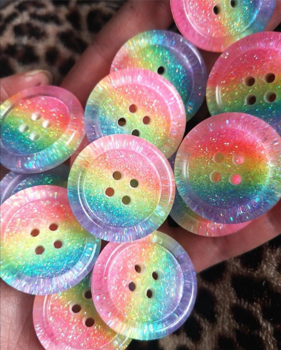 Iridescent Pastel Rainbow Button – Chunky Resin Button with Soft Sparkle Stripes