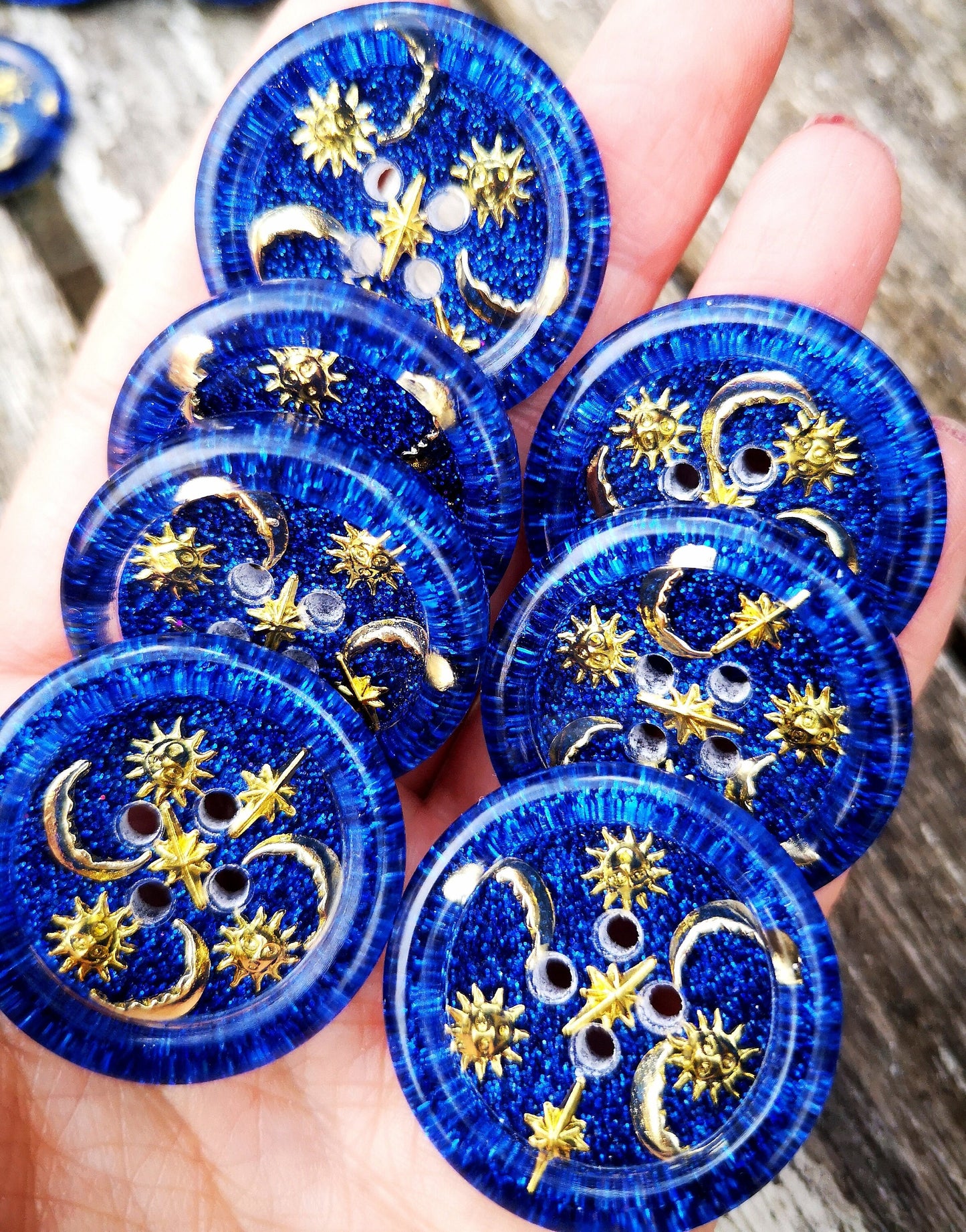 The Moonbeam Mixtape Button – 90s Celestial Resin Button with Suns, Moons and Stars