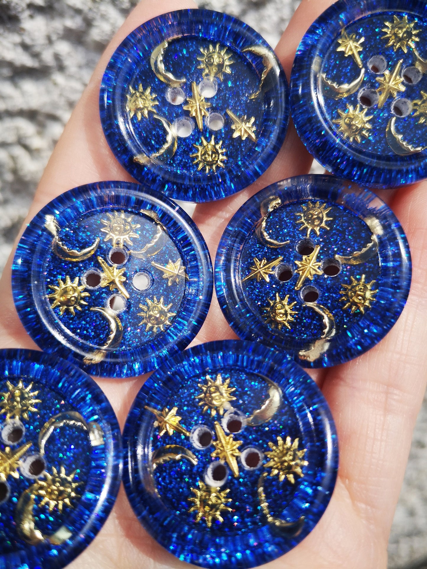 The Moonbeam Mixtape Button – 90s Celestial Resin Button with Suns, Moons and Stars