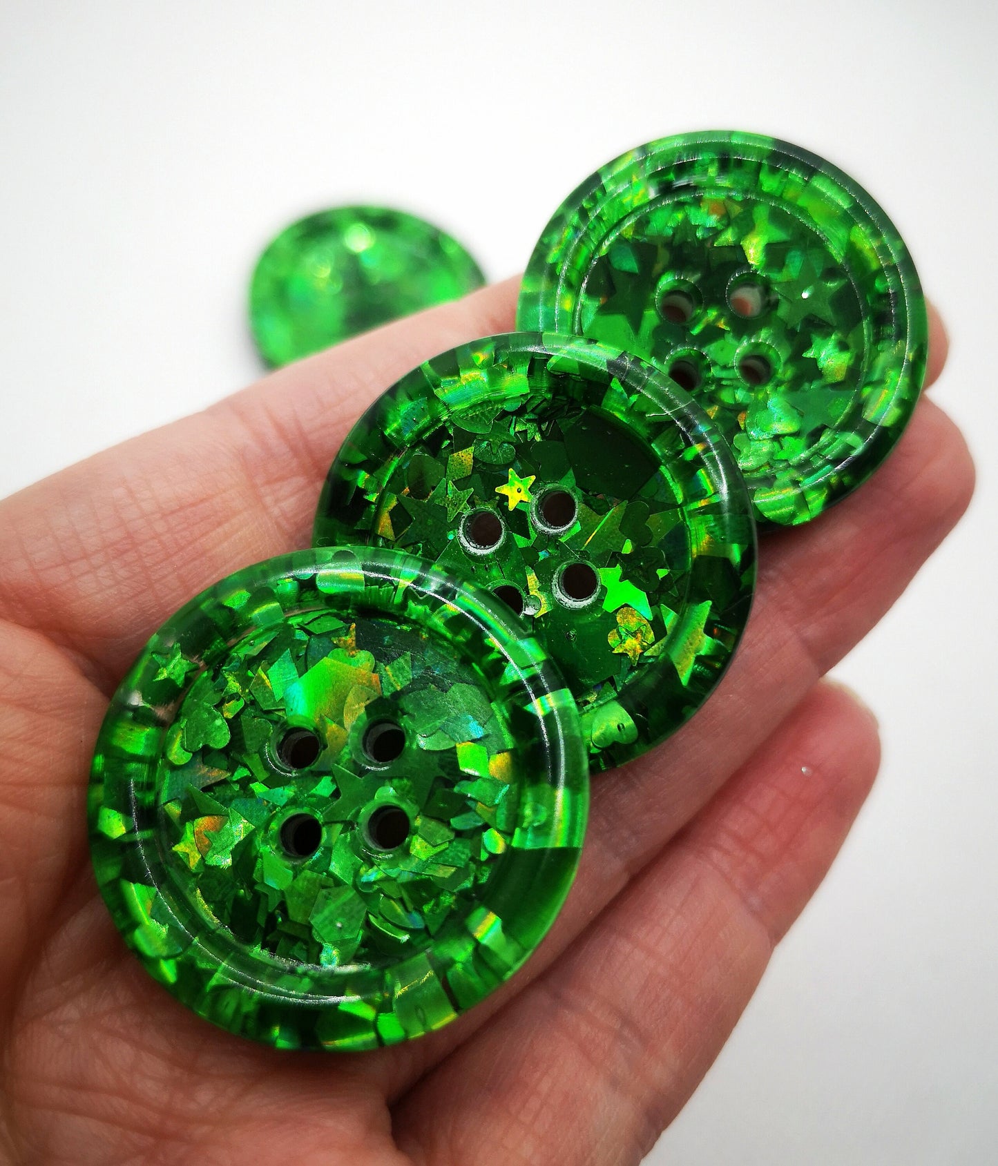 The Green-eyed Monster button - Colour shifting emerald green holographic iridescent glitter