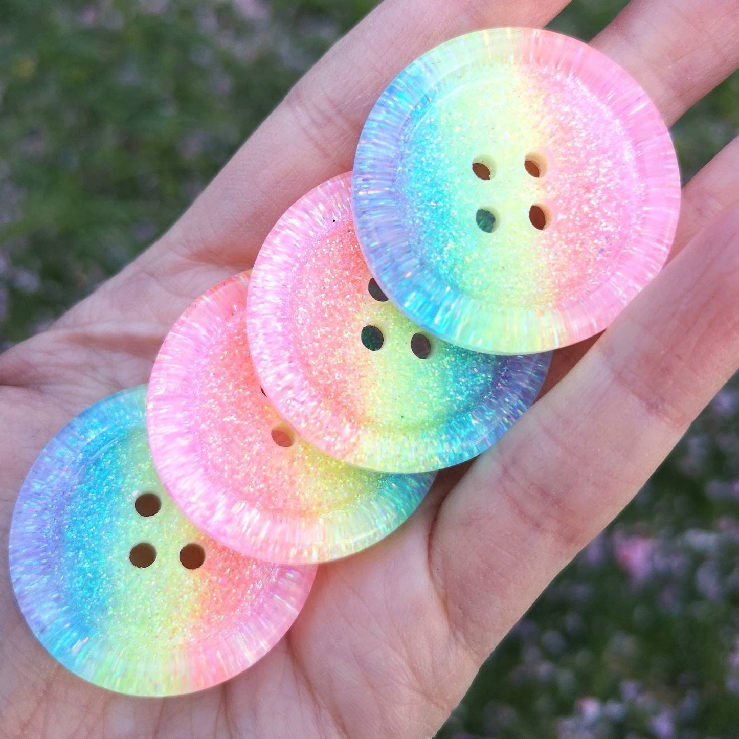 Iridescent Pastel Rainbow Button – Chunky Resin Button with Soft Sparkle Stripes