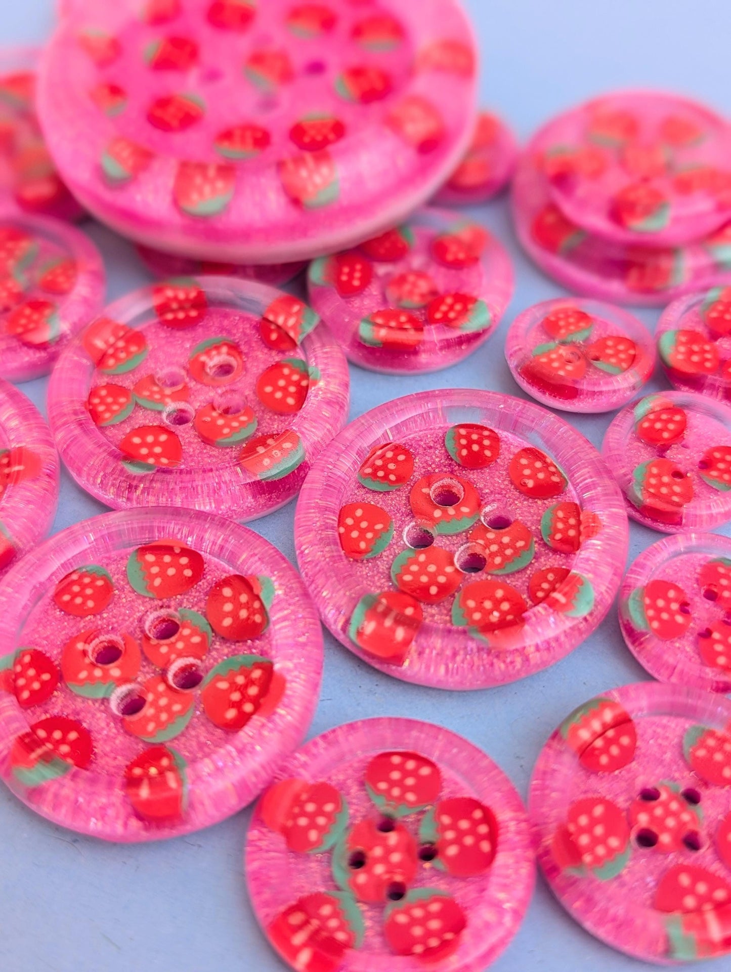 The Berry Cute Button – Strawberry Resin Button with Bubblegum Pink Glitter Sparkle