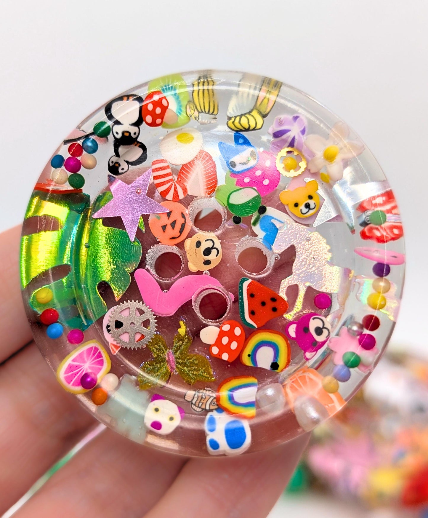 The Eye Spy Button - Giant Resin Art Button 50mm - Toy Collage diorama - Funky Fidget Toy - Weird & Wonderful Gift for knitters crocheters